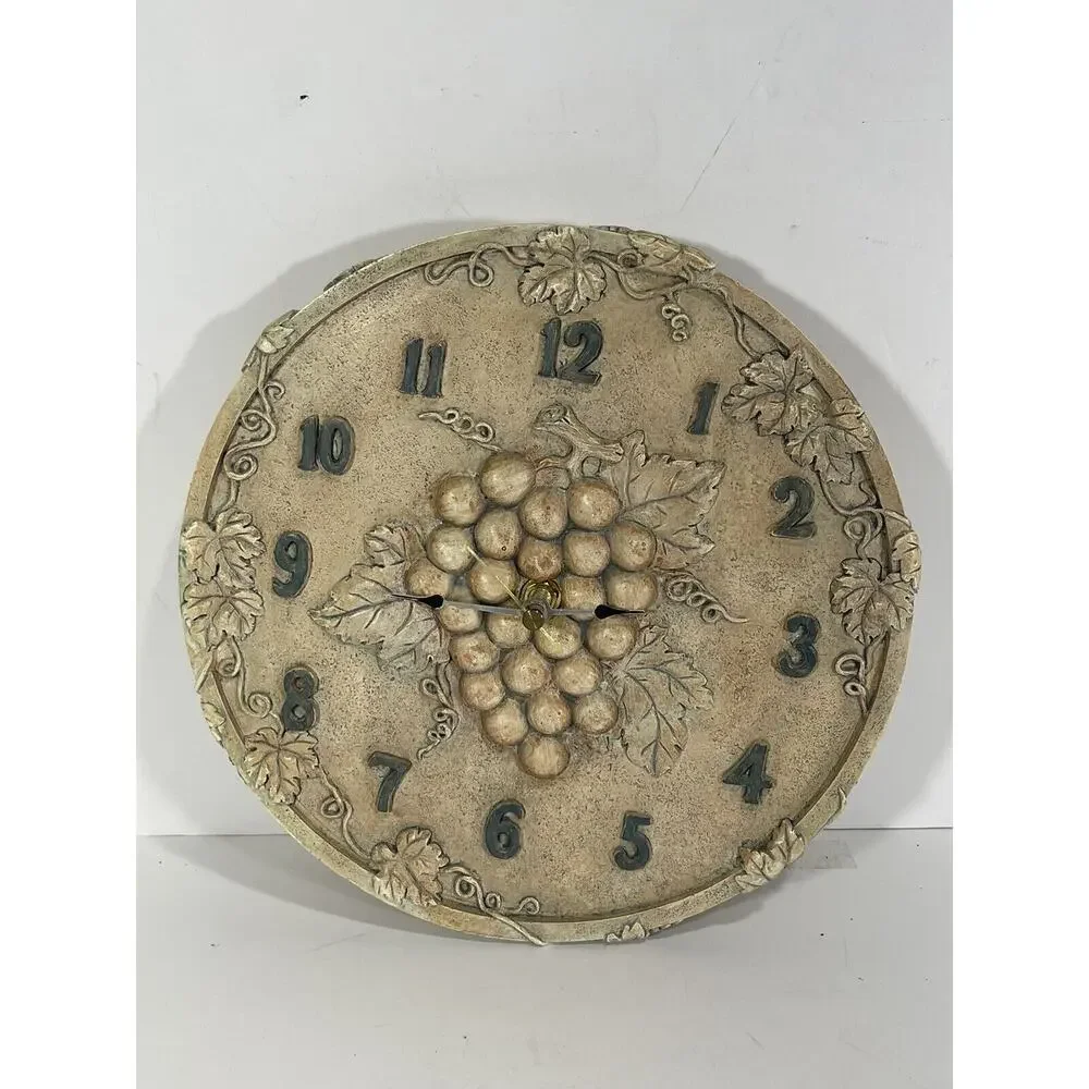 Vintage Ceramic Wall Clock Grapes Motif Gorgeous‎ Round Fruits Rustic Stone Like
